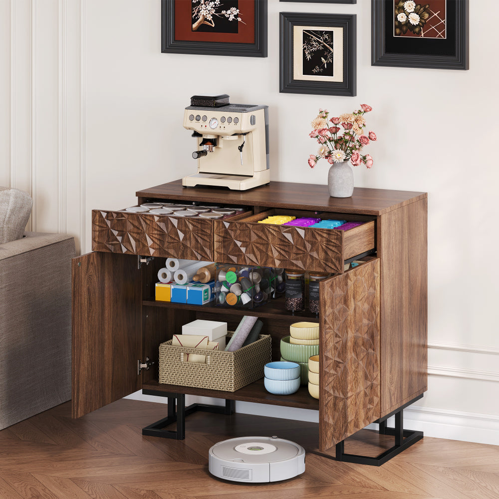 Dressoir – Opbergkast – Ladekast – Buffetkast – Sideboard – Donkerbruin Walnootfineer – 2 Laden en 2 Deuren – Grepenloos Design – Metalen Poot – 80x40x78 cm