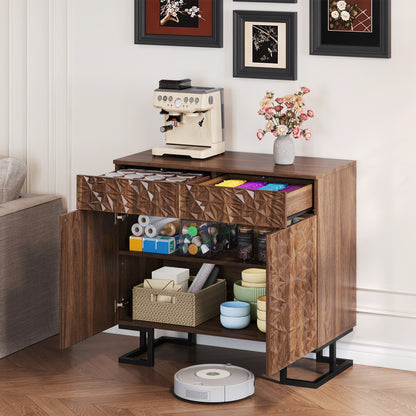 Dressoir – Opbergkast – Ladekast – Buffetkast – Sideboard – Donkerbruin Walnootfineer – 2 Laden en 2 Deuren – Grepenloos Design – Metalen Poot – 80x40x78 cm