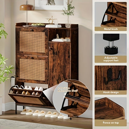 Schoenenkast – Schoenenrek – Schoenenopberger – Halmeubel – 3 Lades Met Rieten Front – Verstelbare Planken & Metalen Knoppen – Smal Vrijstaand Design – Vintage Stijl