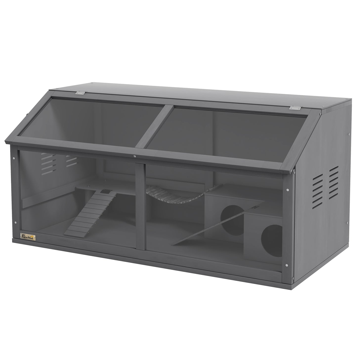 Knaagdierkooi – Kleine Dieren Kooi – Hamsterkooi – Gerbil Kooi – Muis Kooi – Donkergrijs – Grenenhout Met Acryl Front – 100x52x50 cm – Inclusief Ladders, Platform En Schommelbrug