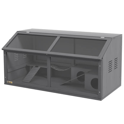 Knaagdierkooi – Kleine Dieren Kooi – Hamsterkooi – Gerbil Kooi – Muis Kooi – Donkergrijs – Grenenhout Met Acryl Front – 100x52x50 cm – Inclusief Ladders, Platform En Schommelbrug