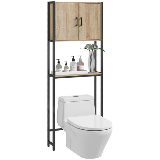 Toiletkast – Toiletmeubel – Wc-kast – Badkamerkast – Natuurlijk Hout – Industrieel Design – Compact 64x19x178 cm – Zwart Metaal & Licht Eiken