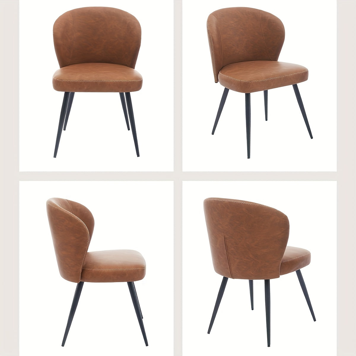 Eetkamerstoelen – Stoelen – Kuipstoelen – Keukenstoelen – Zwarte metalen poten – Kunstleer – Ergonomisch – Foamzitting – Set van 2 – Bruin