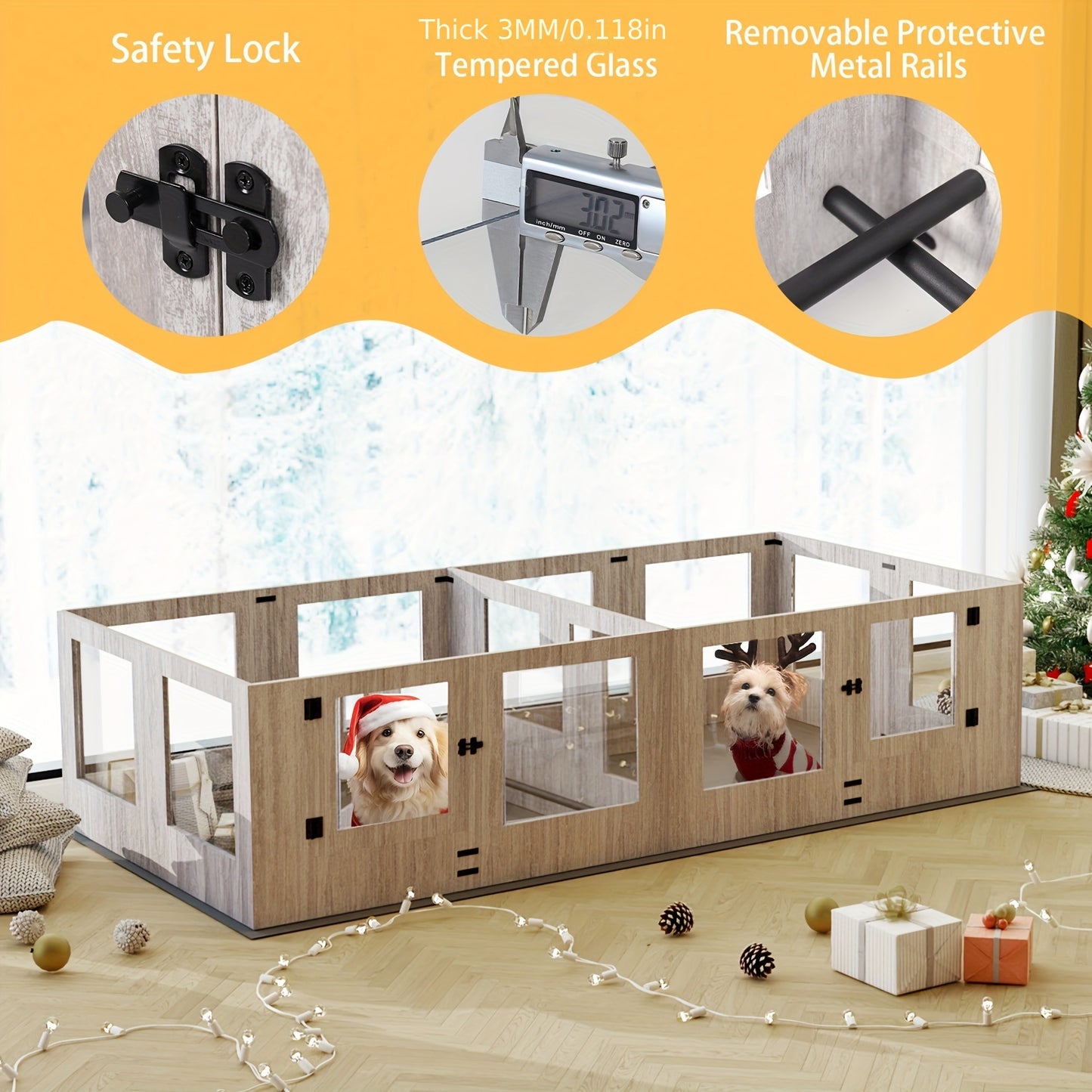 Hondenren – Hondenkennel – Werpkist – Puppyren – Binnenren – Gehard Glas – Transparante Acryl Panelen – 14 Panelen Modulair – Beschermrand Tegen Knellen – 3 Toegangsdeuren – Houten Frame – Veilig & Duurzaam