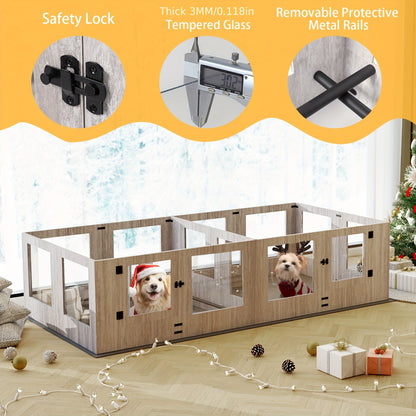 Hondenren – Hondenkennel – Werpkist – Puppyren – Binnenren – Gehard Glas – Transparante Acryl Panelen – 14 Panelen Modulair – Beschermrand Tegen Knellen – 3 Toegangsdeuren – Houten Frame – Veilig & Duurzaam