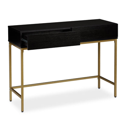 Sidetafel – Bijzettafel – Wandtafel – Haltafel – Consoletafel – Gouden Metalen Frame – Zwart Houten Blad – 2 Lades – Compact 80x110x40 cm