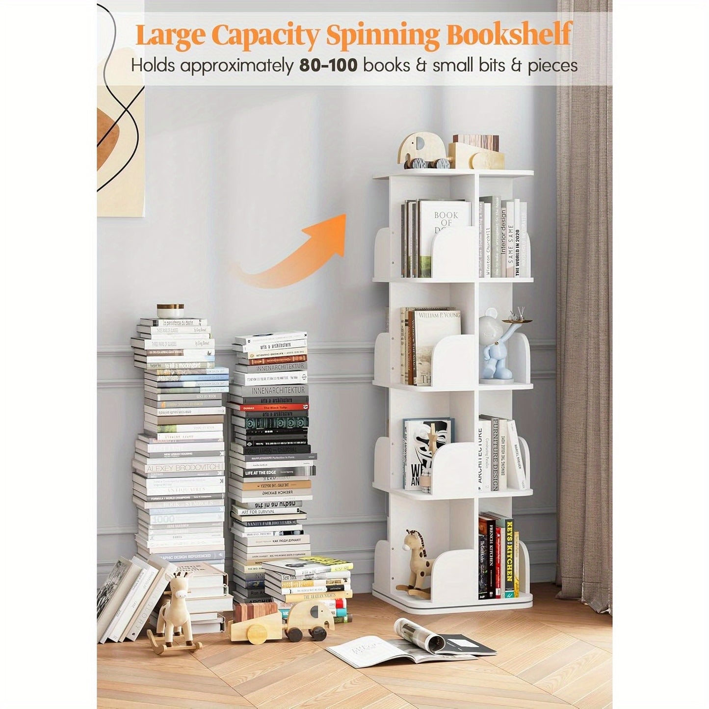 Boekenrek – Boekenkast – Boekenplank – Wandrek – Hoekboekenkast – Draaibaar 360° – 4 Planken – Wit 40x40x128,5 cm