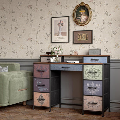 Make-up Tafel – Make-up Kast – Dressoir – Opbergmeubel – Schminktafel – 9 Lades – Houten Blad – Metalen Frame – Zwart – Stof Lades