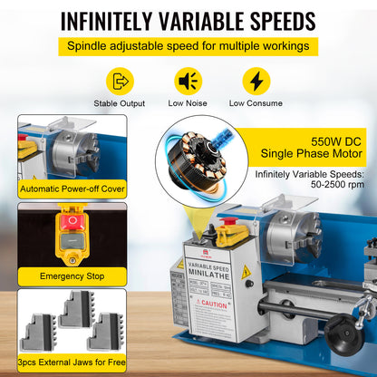 Metaaldraaibank – Mini Draaibank – Metalen Draaibank – Precisiedraaibank – Tafel Draaibank – 550W Motor – Variabele Snelheid 50-2250 RPM - 7x14 Inch