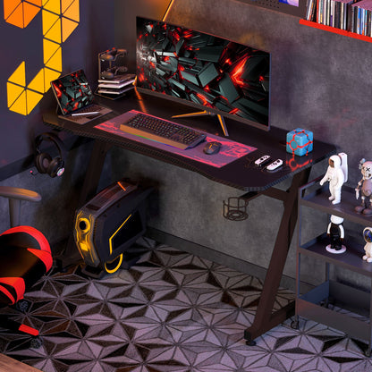 Gaming Bureau – Gamer Bureau – Computerbureau – Werkbureau – Studiebureau – Zwarte Carbon-Fiber Look – Verstelbare Voetjes & Kabeldoorvoeren