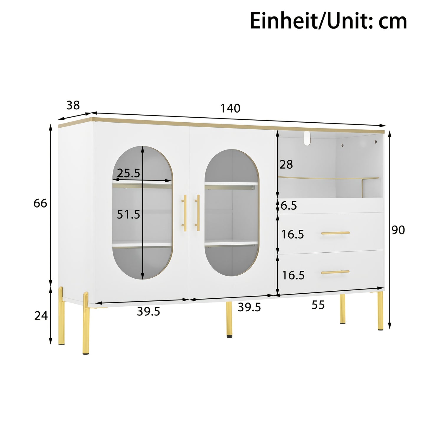 Modern White Sideboard with Golden Accents - Contemporary Metal Cabinet, 2 Drawers & Glass Doors Storage Unit, No Assembly Required for Living Room, Dining Room, Hallway - Elegant Home Decor Furniture, Versatile Cabinet, Slee