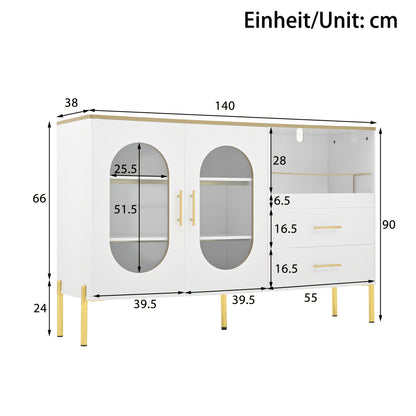 Modern White Sideboard with Golden Accents - Contemporary Metal Cabinet, 2 Drawers & Glass Doors Storage Unit, No Assembly Required for Living Room, Dining Room, Hallway - Elegant Home Decor Furniture, Versatile Cabinet, Slee