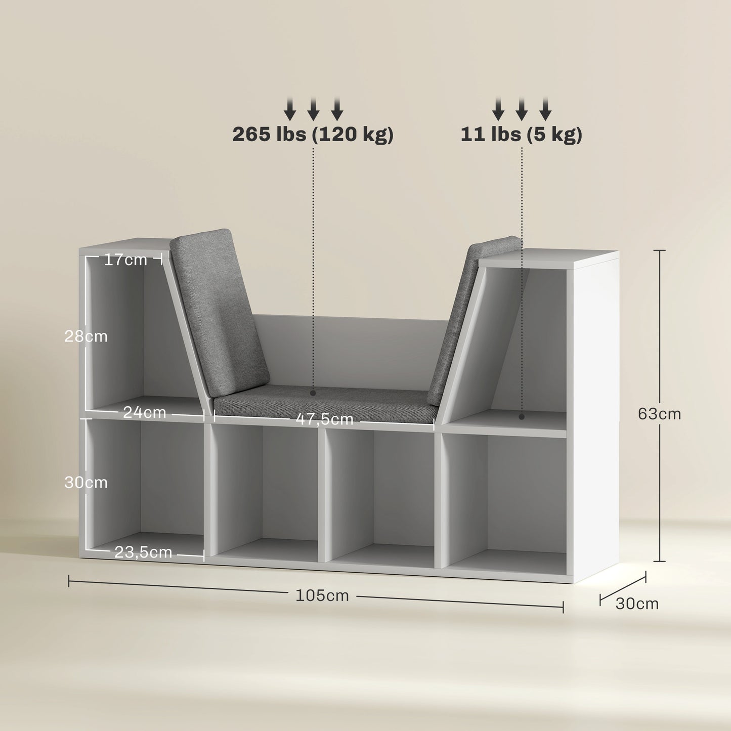 Boekenkast met Zithoek – Boekenkast – Opbergmeubel – Zitbank – Leeshoek – Wit – 6 Compartimenten – Gestoffeerde Zitting – 105x30x63 cm