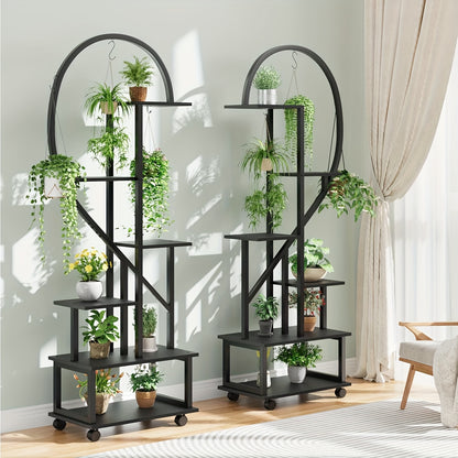 Plantenwagen – Plantenrek – Bloementrolley – Plantentrolley – Plantenkast – Zwart Metalen Frame – 6 Lagen – Mobiel met Wieltjes – 110x28x172 cm – Geschikt Binnen en Buitengebruik