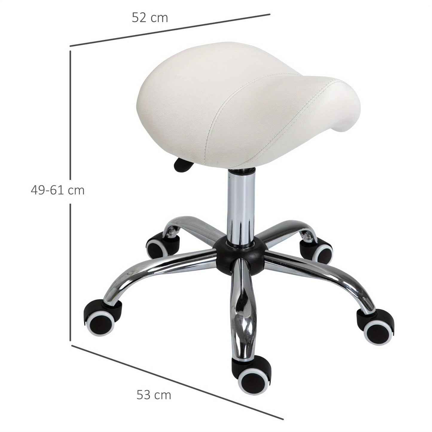 Draaibare Kruk – Zadelkruk – Bureaustoel – Verrijdbare Stoel – Werkkruk – Ergonomisch Zadel – Hoogte Verstelbaar – Witte Kunstleren Bekleding – 5 Zwenkwielen – Chroom Frame