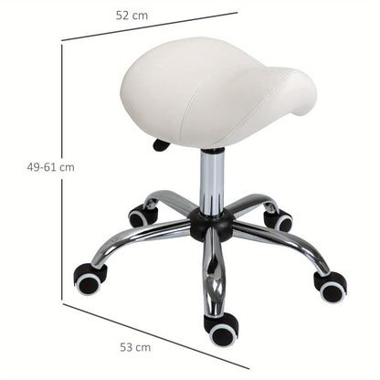 Draaibare Kruk – Zadelkruk – Bureaustoel – Verrijdbare Stoel – Werkkruk – Ergonomisch Zadel – Hoogte Verstelbaar – Witte Kunstleren Bekleding – 5 Zwenkwielen – Chroom Frame