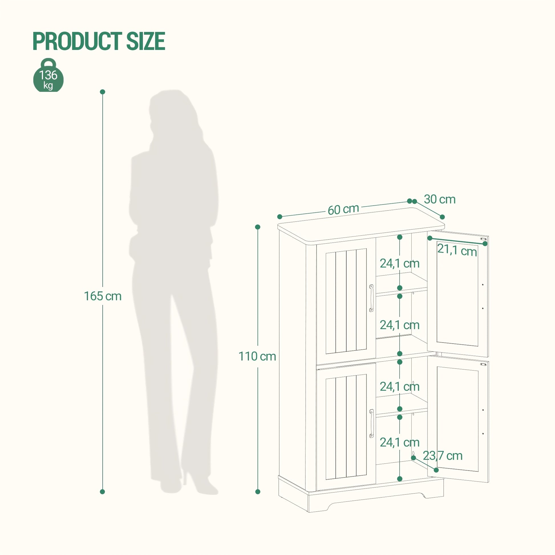 Bathroom Storage Cabinet, Closet Storage System, Standing Cabinet, Double Level with 4 Doors, Adjustable Shelves, Multifunctional Cabinet for Living Room, Kitchen, Bedroom, White, Mounted Closet Systems - QUORE