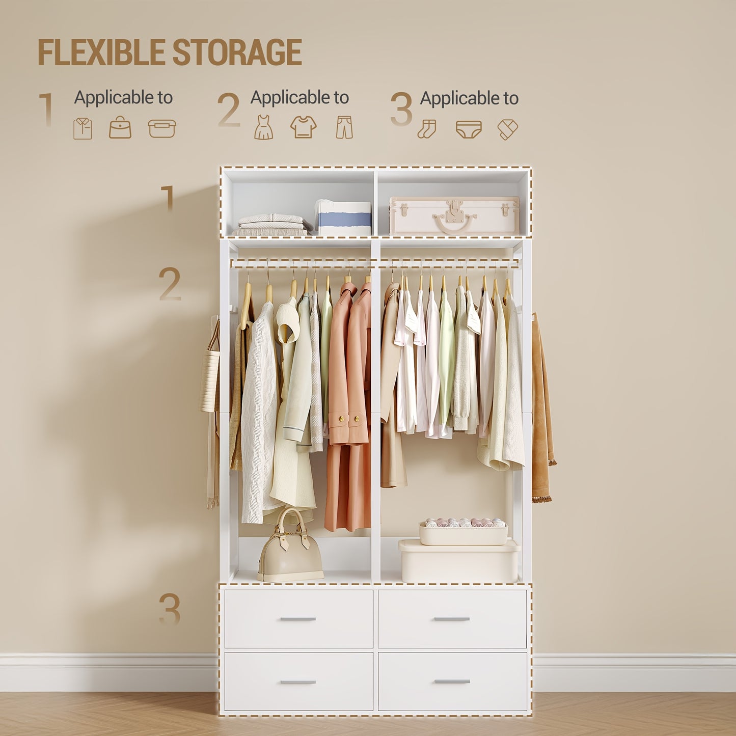 Kledingkast – Open Kledingkast – Garderobekast – Opbergkast – Kleerkast – MDF en Metaal – 4 Lades en 8 Haken – 185x100x43 cm – Wit
