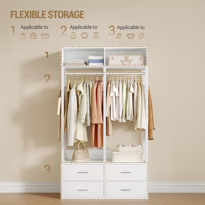 Kledingkast – Open Kledingkast – Garderobekast – Opbergkast – Kleerkast – MDF en Metaal – 4 Lades en 8 Haken – 185x100x43 cm – Wit
