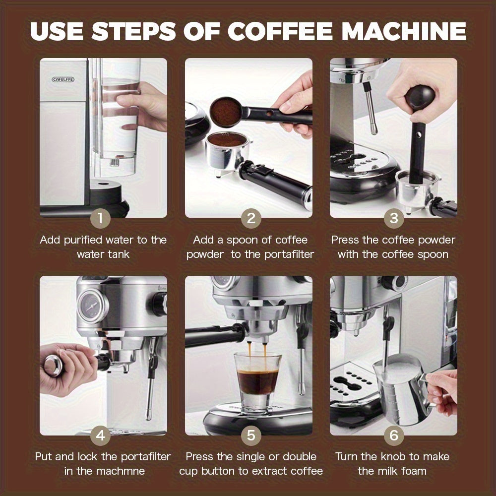 1 Unit CAFELFFEMK-601 Espresso Machine with Milk Frother, 20bar Extraction, Visible Pressure Gauge, Stainless Steel Body, Removable Drip Tray, 1.1L Water Capacity, Coffee Shop Gift Suitable for Lovers/father/mother, Office Eq