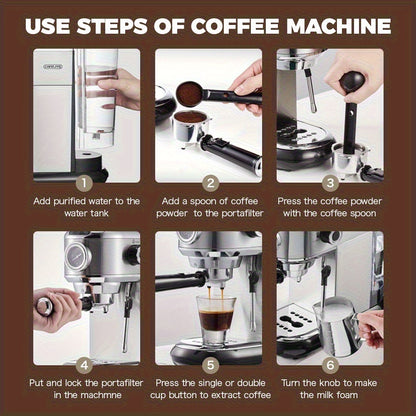 1 Unit CAFELFFEMK-601 Espresso Machine with Milk Frother, 20bar Extraction, Visible Pressure Gauge, Stainless Steel Body, Removable Drip Tray, 1.1L Water Capacity, Coffee Shop Gift Suitable for Lovers/father/mother, Office Eq