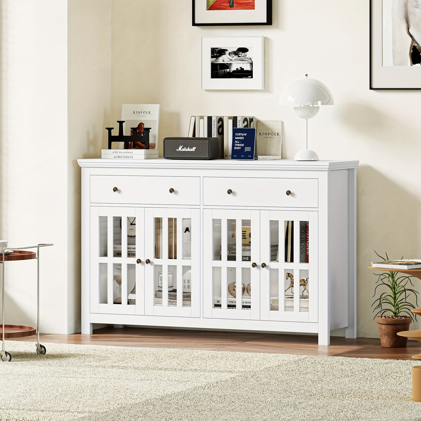 Dressoir – Sideboard – Opbergkast – Buffetkast – Kast – Wit – 140x90,7x40 cm – 2 Lades & 4 Glazen Deuren – Verstelbare Planken – Spaanplaat – Stevig & Ruim