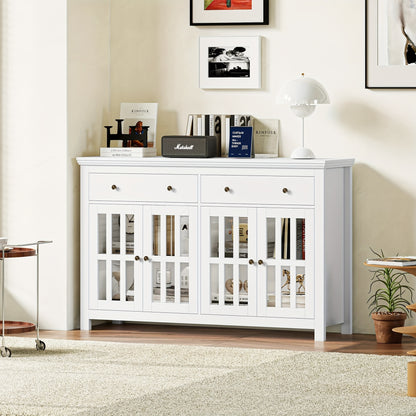 Dressoir – Sideboard – Opbergkast – Buffetkast – Kast – Wit – 140x90,7x40 cm – 2 Lades & 4 Glazen Deuren – Verstelbare Planken – Spaanplaat – Stevig & Ruim