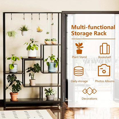 Plantenrek – Plantenstandaard – Bloemenrek – Plantenhouder – Groene Wand – 5-Lagen Met 6 Haakjes – Robuust Metalen Frame Met Houten Planken – 180 cm Hoog Met Stabiele Voet