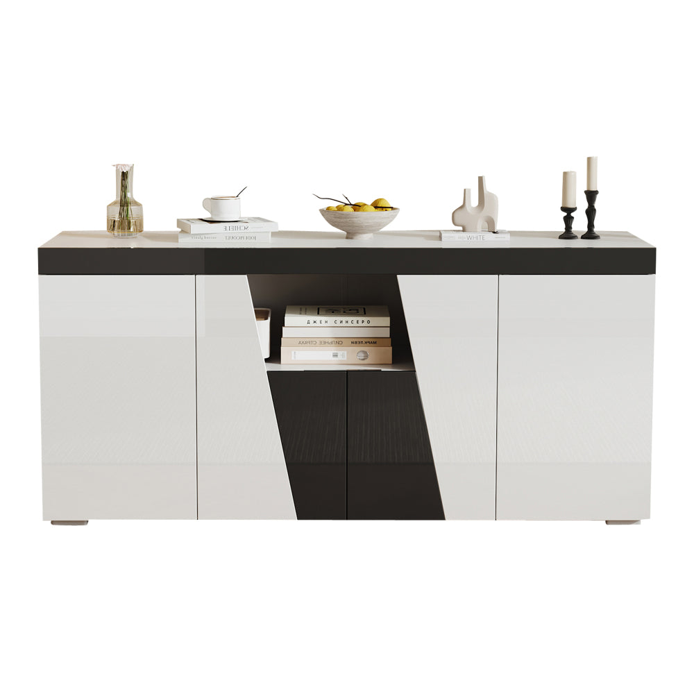 Modern Large Storage Cabinet with 3 Cabinets & 4 Doors - Angled Design Black & White Color Sideboard, Metal Frame Furniture Unit Suitable for Living Room, Entryway, Hallway - Space-Saving Vertical Shelving