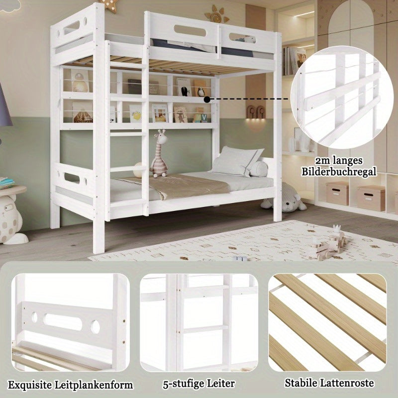 Modern Stapelbed – Hoogslaper – Kinderbed – Jongenskamer Bed – Bunkbed – Veiligheidshek – 5-Traps Ladder – Ruimtebesparend 90x200cm – Duurzaam MDF Frame