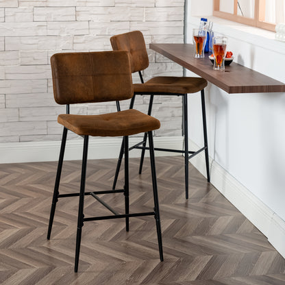Barkruk – Barstoel – Kruk – Hoog zitmeubel – Bistrostoel – Industrieel design – Suède bekleding – Met rugleuning en voetensteun – Hoogte 75 cm – Metaal frame – Bruin