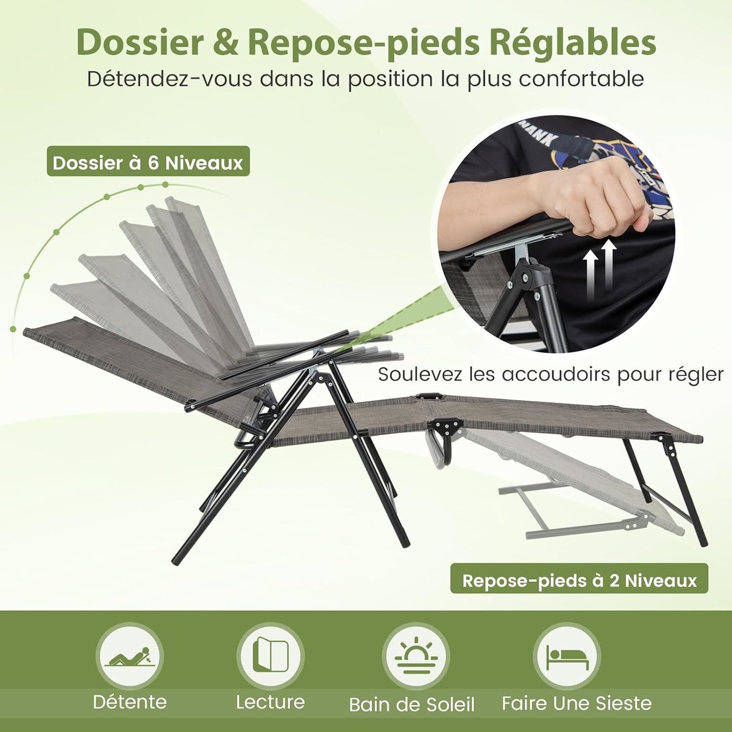 Ligstoel – Tuinstoel – Relaxstoel – Zonnenstoel – Balkonstoel – Set van 2 – Opvouwbaar – 6-standen Verstelbare Rugleuning