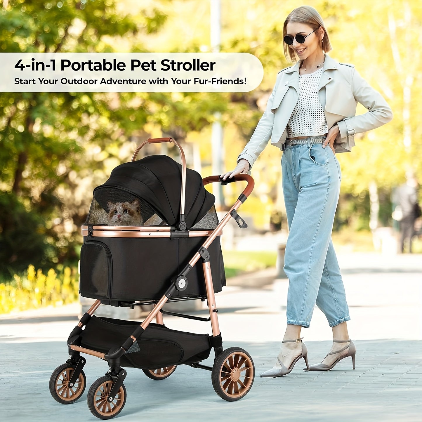 Huisdierenwagen – Dierenwagen – Hondenwagen – Kattenwagen – Draagmand – Champagne Golden + Zwart – 4-in-1 Multifunctioneel – Stevig Carbon Stalen Frame
