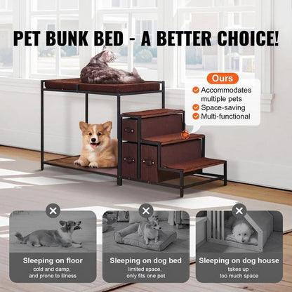 Multi-Functional Pet Bunk Bed with Window Seat, Dog Stairs & Sofa Bed - Sturdy Wood Furniture Suitable for Medium Dogs, Space-Saving Dog with Bunk Bed & Steps