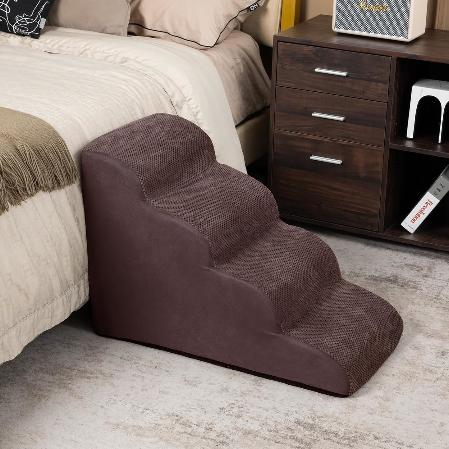 Hondenladder – Hondentrap – Hondenloopplank – Huisdierentrap – Antislip Corduroy Oppervlak – 4 Treden Met Zachte Schuimvulling – Wasbare Hoes – Brede, Diepe Treden – Koffie