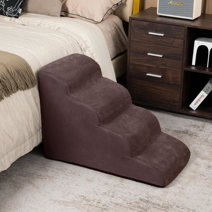 Hondenladder – Hondentrap – Hondenloopplank – Huisdierentrap – Antislip Corduroy Oppervlak – 4 Treden Met Zachte Schuimvulling – Wasbare Hoes – Brede, Diepe Treden – Koffie