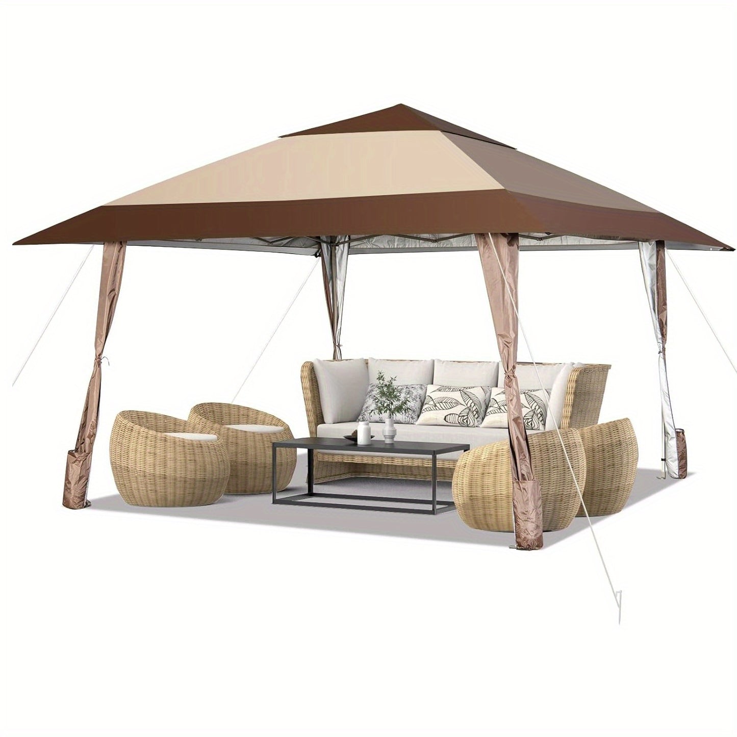 Partytent – Paviljoen – Feesttent – Tuintent – Pop-up Tent – Stevig Stalen Frame – Verstelbare Hoogte 390x390 cm – Water- en UV-bestendig Doek – Inclusief Draagtas met Wieltjes – Bruin