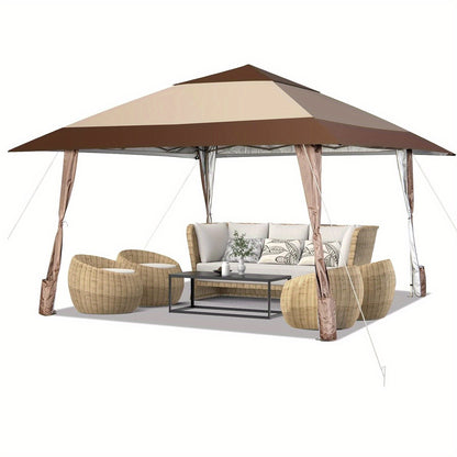 Partytent – Paviljoen – Feesttent – Tuintent – Pop-up Tent – Stevig Stalen Frame – Verstelbare Hoogte 390x390 cm – Water- en UV-bestendig Doek – Inclusief Draagtas met Wieltjes – Bruin