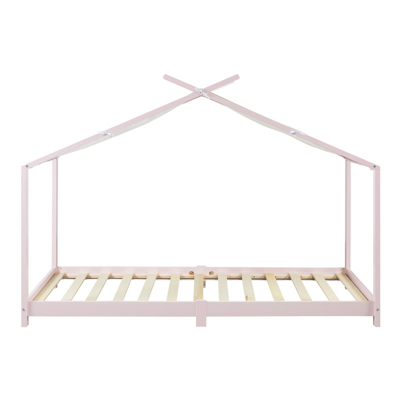 Huisvormig Kinderbed – Speelbed – Kinderbed - Bedhuis – Bunk Bed – Roze – Massief Dennenhout – Afneembaar Stoffen Dak – 90 x 200 cm