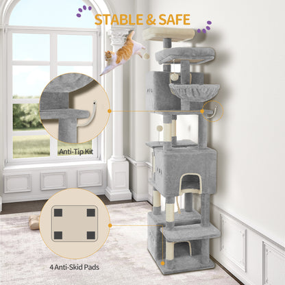Krabpaal – Kattenboom – Krabmeubel – Kattenhuis – Kattentoren – 193 cm Hoog – Moderne Lichtgrijs – 7 Niveaus – Sisal Krabpalen – 2 Uitkijkplatforms – 3 Holletjes – 2 Wasbare Kussens