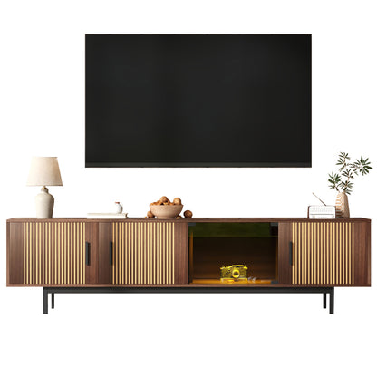 Modern Metal TV Stand with Carved Texture & Tempered Glass Doors - Low-Profile Media Console, Sturdy Metal Construction, Minimalist Entertainment with Storage Cabinet & Open Shelf for Living Room, Fits Flat-Screen TVs, Easy A