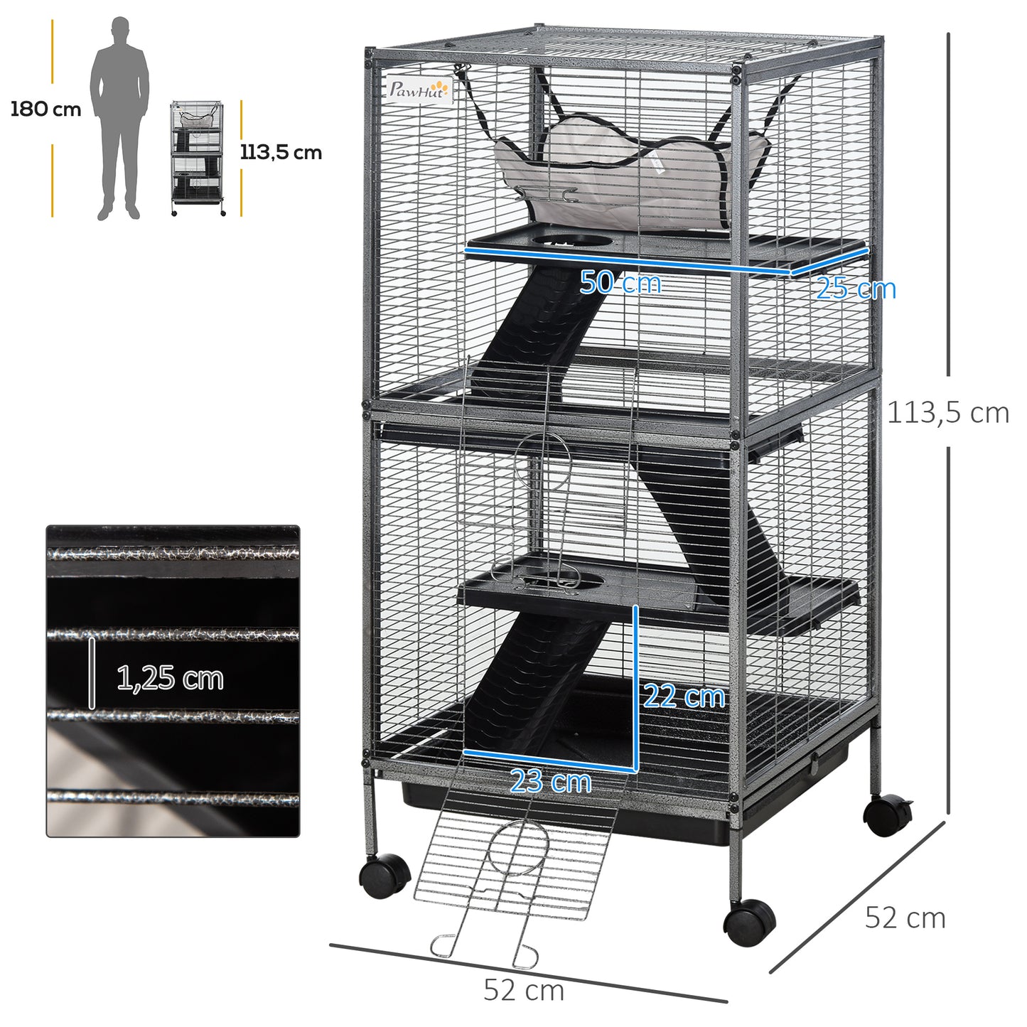 Dierenkooi Klein – Knaagdierkooi – Konijnenkooi – Hamsterkooi – Mobiel Dierenverblijf – Met 2 Deuren – Met Hangmat – 52 x 52 x 113,5 cm – Metaal Grijs