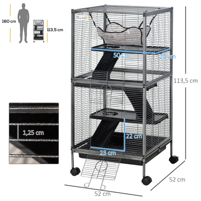 Dierenkooi Klein – Knaagdierkooi – Konijnenkooi – Hamsterkooi – Mobiel Dierenverblijf – Met 2 Deuren – Met Hangmat – 52 x 52 x 113,5 cm – Metaal Grijs