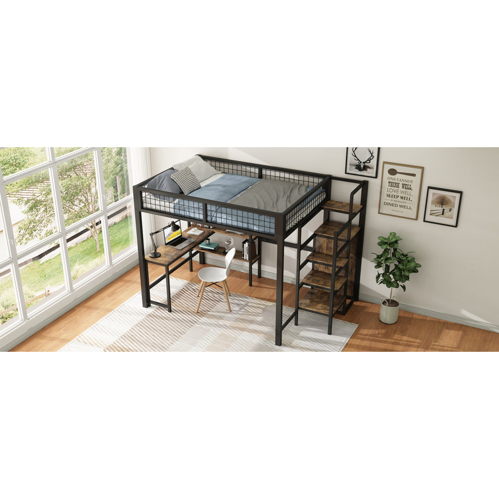 Hoogslaper Bed – Stapelbed – Halfhoogslaper – Bedframe – Bed met Bureau – 140x200 cm – Metaal en MDF – Met Opbergruimte en Kledingkast – Zwart
