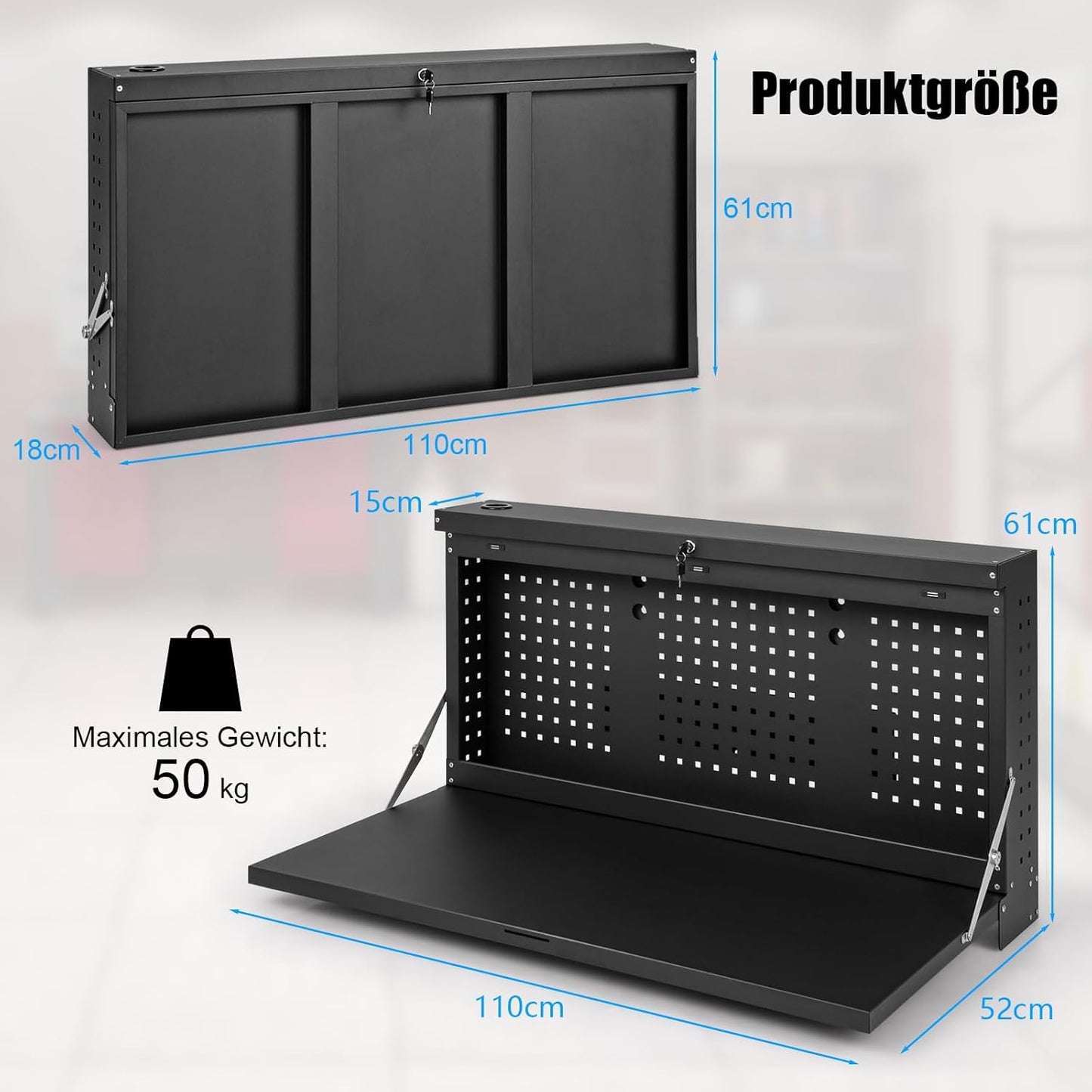 Inklapbare Werkbank – Werktafel – Opbergkast – Pegboard – Garagekast – Muurbevestigd – Vergrendelbaar Met Sleutel – Staal En 50 Kg Draagvermogen