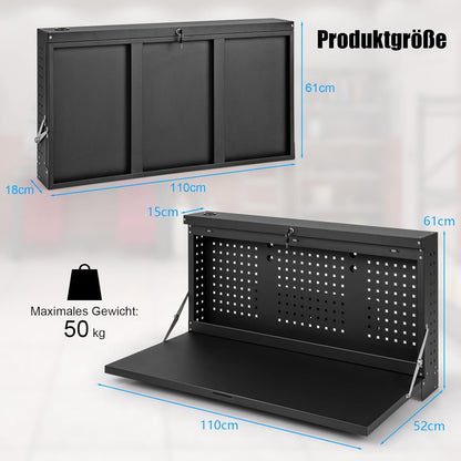 Inklapbare Werkbank – Werktafel – Opbergkast – Pegboard – Garagekast – Muurbevestigd – Vergrendelbaar Met Sleutel – Staal En 50 Kg Draagvermogen