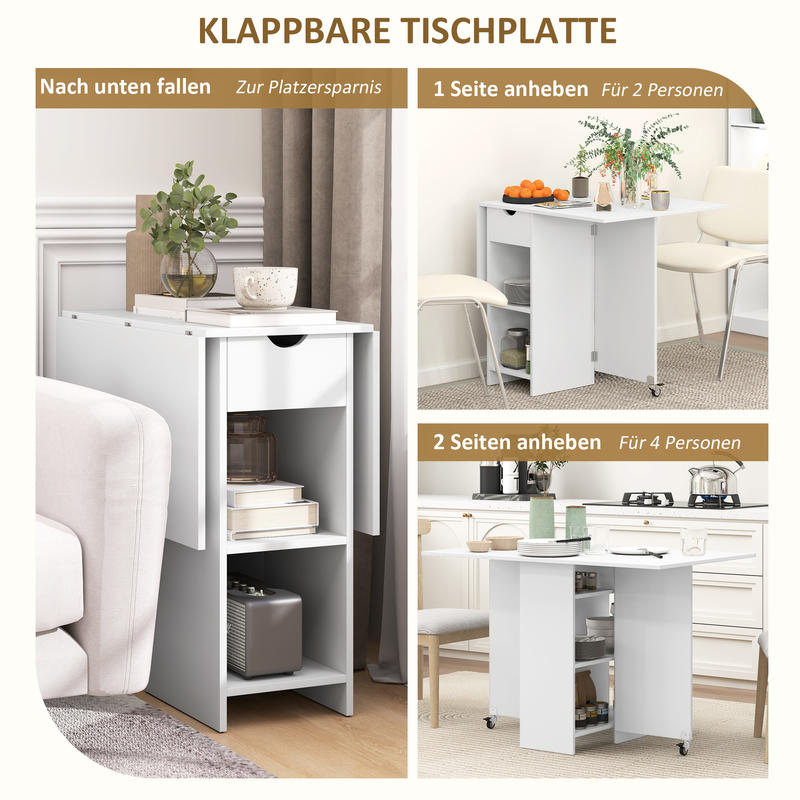 Opklapbare Eettafel – Inklapbare Tafel – Uitklapbare Tafel – Vouwtafel – Ruimtebesparende Tafel – Voor 2-4 Personen – Hardhouten Constructie – Met Opbergruimte En Wieltjes