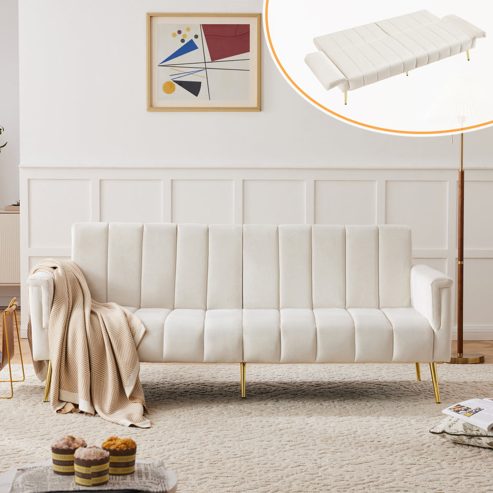 2-zits slaapbank – slaapbank – bankbed – canapébed – zetelbed – velvet bekleding – verstelbare rugleuning – beige fluweel – compacte afmetingen – stevige steunpoten