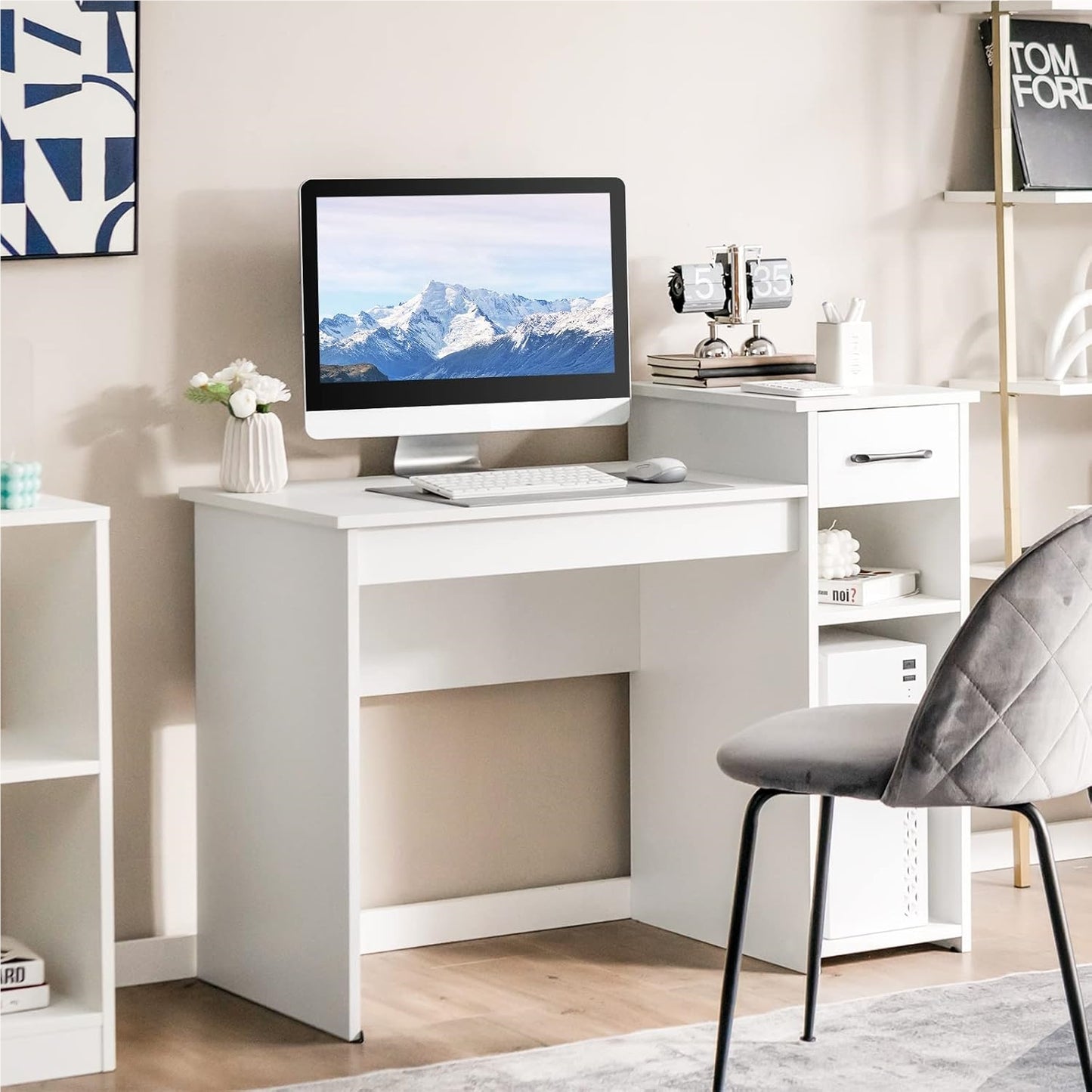 Bureau – Computertafel – Werkplek – Studietafel – Bureau met Lade – Modern Wit Design – Stevig MDF – 90 kg Draagvermogen