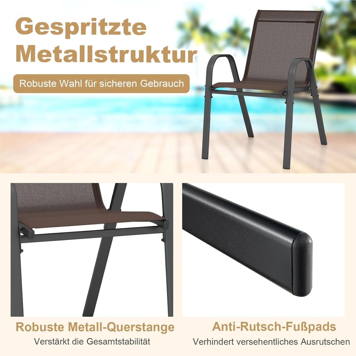 Tuinstoelen – Buitensstoelen – Terrasstoelen – Balkonstoelen – Stapelbare Stoelen – Metalen Frame – Ademend Textilene – Max. 150 kg Draagkracht – Set Van 4 Bruin